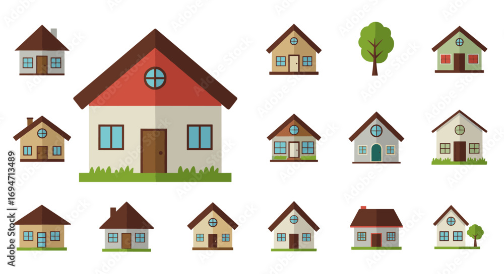 Fototapeta premium Collection of simple flat style houses and trees