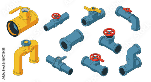 Isometric plumbing components with valves and pipes in industrial design