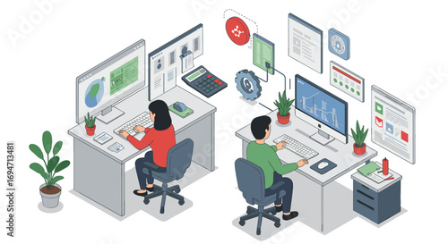 Isometric office workspace with two professionals analyzing data on computers