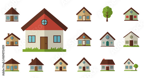 Collection of simple flat style houses and trees