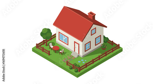 Charming isometric cottage with red roof and garden