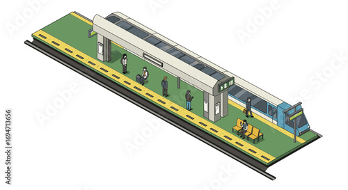 Isometric train platform with commuters and train in motion