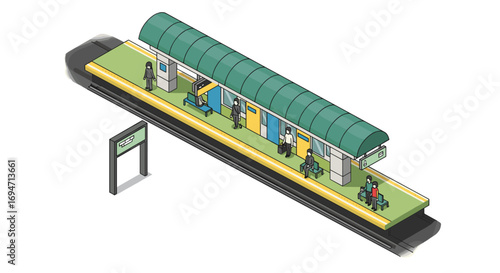 Isometric urban train station platform with passengers and covered roof