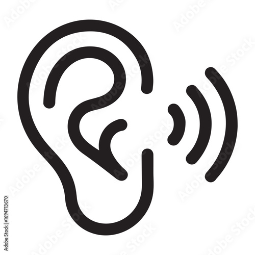 Simple Black Line Drawing of an Ear with Sound Waves graphic representation ear radiating, Ear with Sound Wave icon
