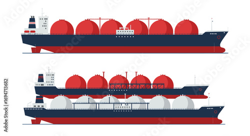 Modern lng tanker designs: flat style illustrations of liquefied natural gas ships