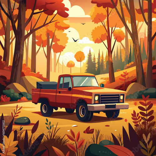 A rusty red classic car travels down a winding road through a vibrant autumn forest