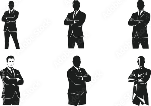 Businessman Silhouettes in Varied Standing Poses with Arms Crossed on White Background for Corporate, Career, and Design Content