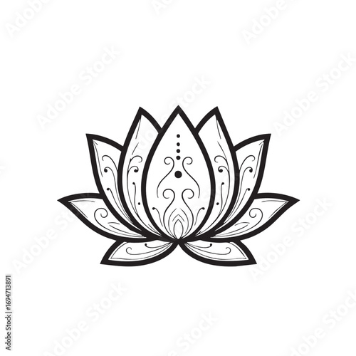 Elegant Lotus Flower Vector Illustration in Minimalist Style with Black and White Line Art