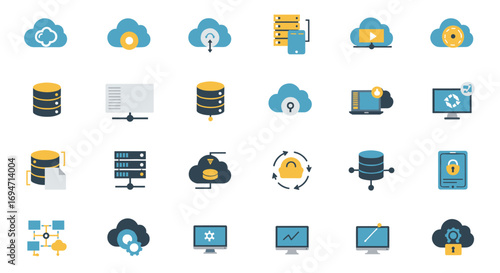 Cloud technology icons in flat design highlighting data security and network management