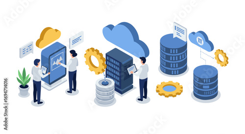 Isometric cloud computing concept with businessmen and data servers