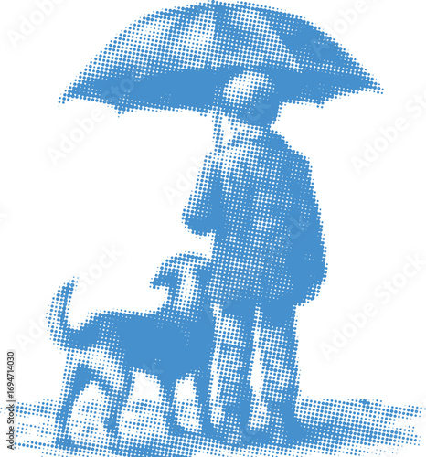 A Kind Boy Shares His Umbrella with a Stray Dog A Blue Halftone Illustration.