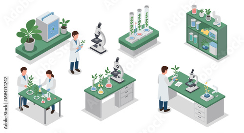 Isometric scientists analyzing plants in modern laboratory setting