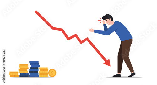 Man in stress facing economic downturn with falling graph and coin stack