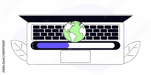 A laptop is depicted with a globe overlaying its keyboard, symbolizing global connectivity. A horizontal progress bar beneath the globe suggests advancement in digital technology.AI