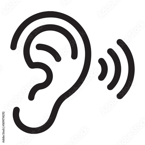 Simple Black Line Drawing of an Ear with Sound Waves graphic representation ear radiating, Ear with Sound Wave icon