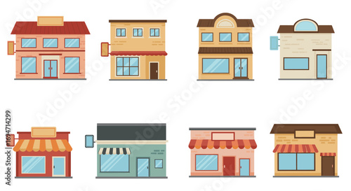 Charming set of flat style street shops with colorful facades