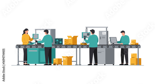 Modern industrial conveyor belt with workers in flat design