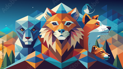 Geometric Wildlife Assemblage: A vibrant geometric artwork showcasing three majestic animals: a lion, wolf, and fox.
