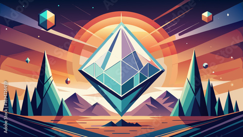 Mystical Crystal with Geometric Design: A vibrant illustration of a luminous crystal levitating against a backdrop of abstract landscape, reflecting a radiant sun.