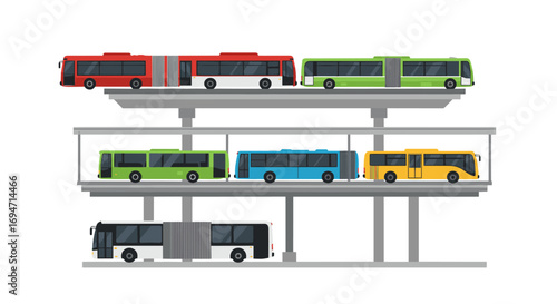 Multilevel urban public transport hub with colorful modern buses in a parking facility