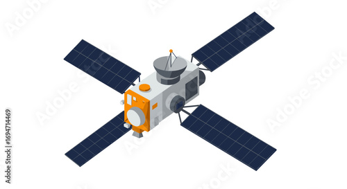 Isometric satellite with solar panels in space technology design