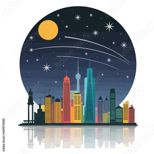 Colorful vector of a city skyline silhouette with lights turned off and stars in the night sky isolated on white background