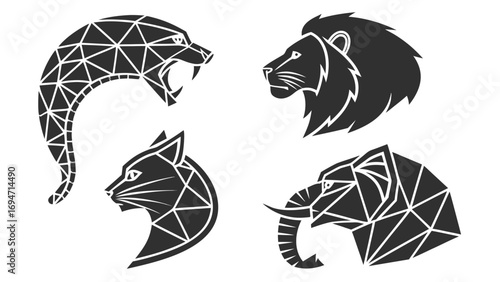 Stylish Illustrations of Panther, Lion, Cat, and Elephant in Monochrome Design