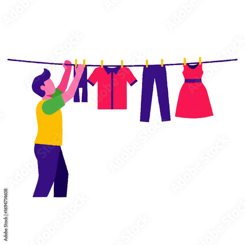 Man hanging laundry on clothesline, promoting fresh, clean living and sustainable habits