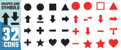 Collection of 32 diverse geometric shapes and symbols including arrows hearts stars and shields isolated on transparent background
