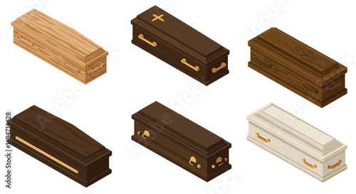 Collection of wooden coffins in various styles and colors with gold handles