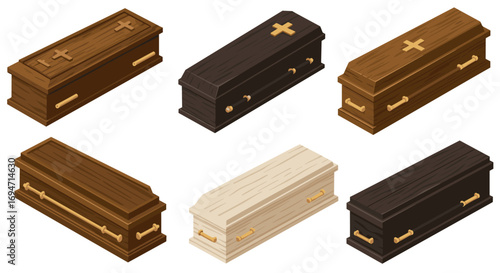Isometric wooden coffin collection with various designs and textures