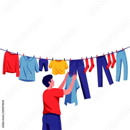 Man hanging colorful clothes on a clothesline enjoying sunny day for lifestyle concept