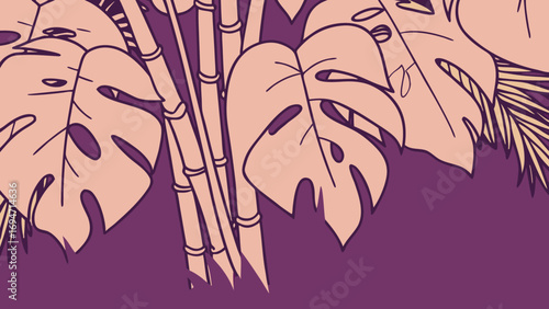 Tropical Foliage: An artistic illustration of vibrant tropical leaves and bamboo stalks, a visual celebration of the lushness and serenity of the rainforest.
