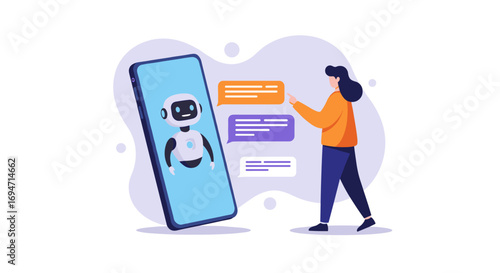 Chatbot interaction: woman communicating with ai on smartphone in flat design