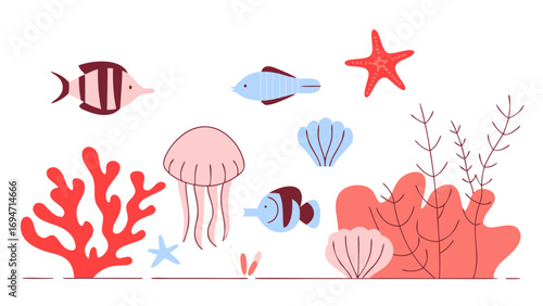 Undersea World Illustration: Whimsical illustration of a vibrant undersea world teeming with diverse aquatic life, where playful fish, graceful jellyfish.
