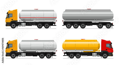 Colorful tanker trucks in flat design set on white background