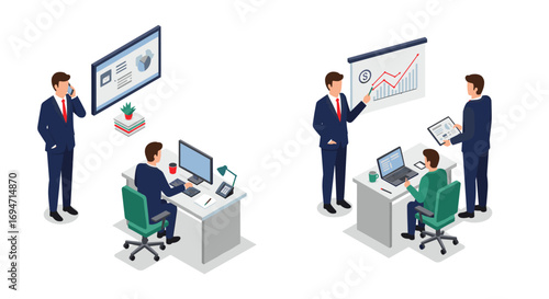 Isometric office workflow with business professionals and technology in modern setting