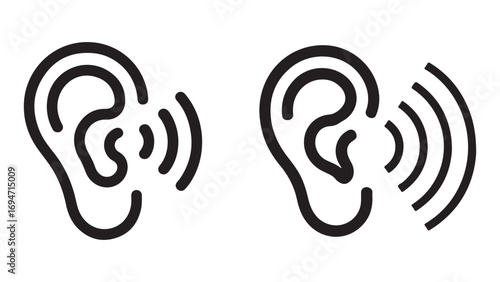 Simple Black Line Drawing of an Ear with Sound Waves graphic representation ear radiating, Ear with Sound Wave icon