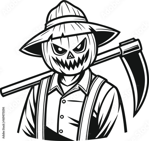 Vector art of scary pumpkin head scarecrow with scythe