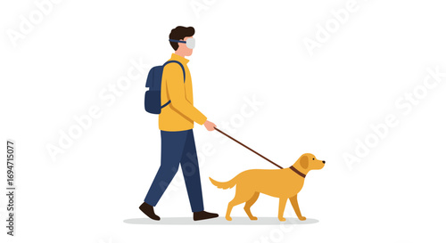 Blind person walking with guide dog in flat design