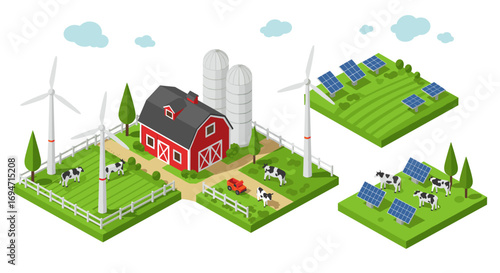 Isometric farm scene with renewable energy sources and livestock