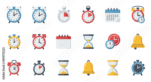 Colorful collection of clocks and timers with alarms and calendars in flat design style