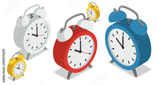 Isometric vintage alarm clocks in various colors on a white background