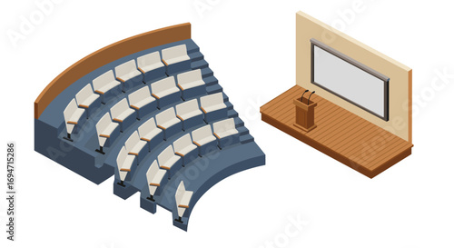 Isometric auditorium with curved seating and stage projection setup
