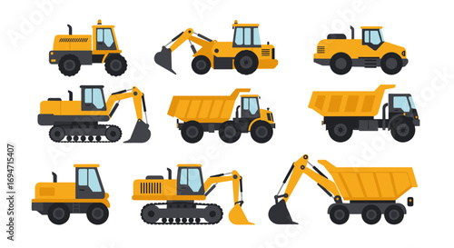 Set of construction vehicles on white background in flat design