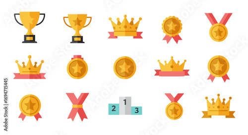 Flat colorful trophy and medal icons with crowns and ribbons for achievements and awards