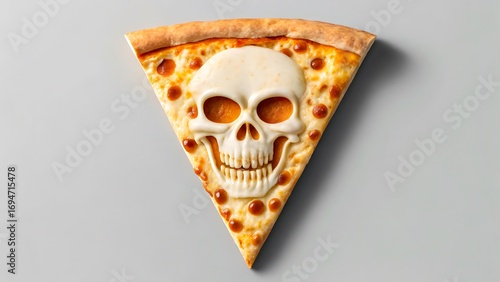 Pizza slice with scary skull face in spooky halloween design 
