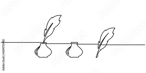 Minimalist continuous one line drawing of an ink bottle and quill pen. One line drawing of quill pen. single line vector illustration. isolated white background. Vector illustration, Pro Editable 