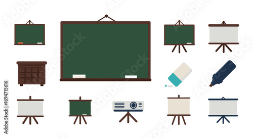 Flat style classroom teaching tools set with blackboard and presentation items