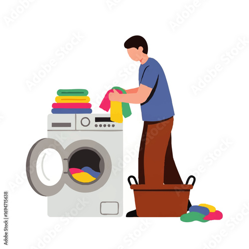 Man doing laundry, washing clothes in modern washing machine, household chores concept